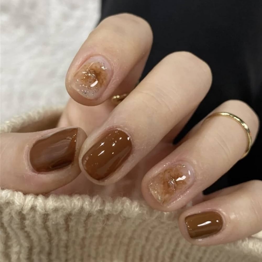 Amazon 24PCS Brown Press On Nails Short Fake Nails With Designs Brown Glitters Autumn Acrylic False Nail Full Cover Artificial Nails Cute Fall Winter Stick On Nails For Women Girls Nail Art