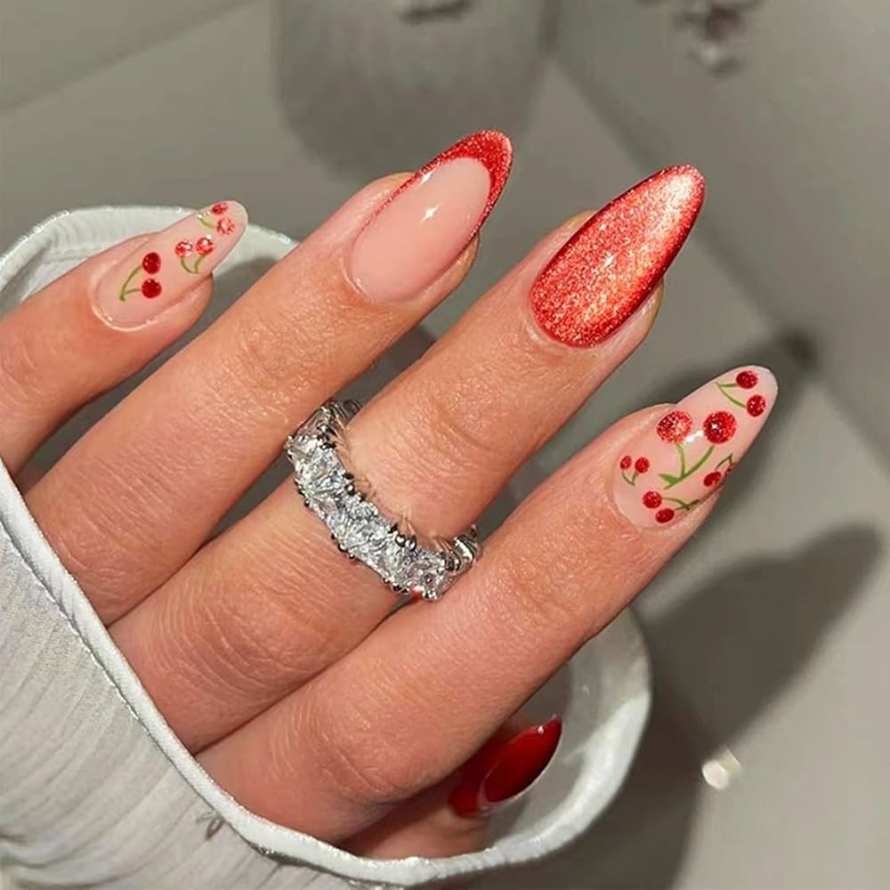 Amazon 24Pcs Cat Eye French Tips Press On Nails With Cherry Design Cat Eye Manicure Art Acrylic Medium Almond Full Cover Fake Nails Stick On Nails Glossy Red Cat Eye False Nails