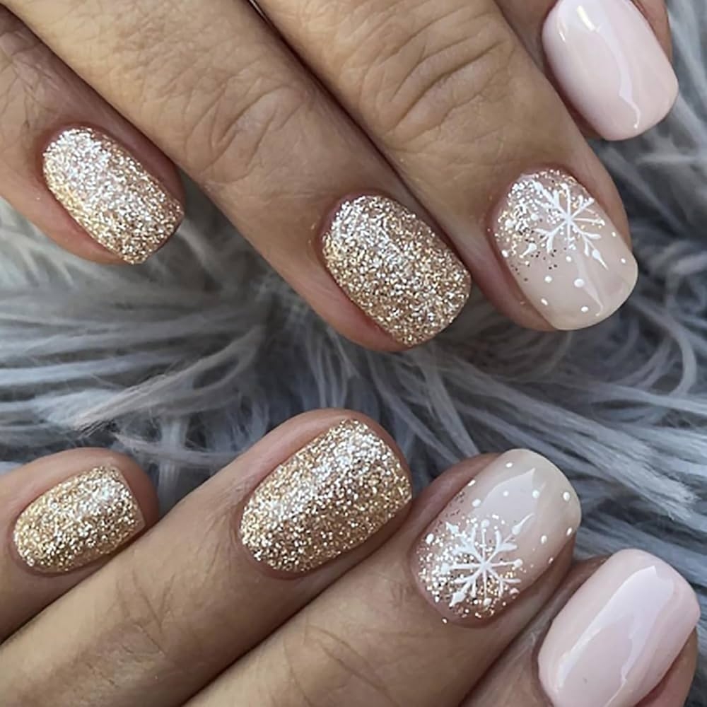 Amazon 24Pcs Christmas Press On Nails Short Nude Pink Fake Nails Snowflake Gold Glitter Full Cover Artificial Acrylic False Nail Stick On Nails Cute Winter Holiday Nail Art Supplies For Women Manicure
