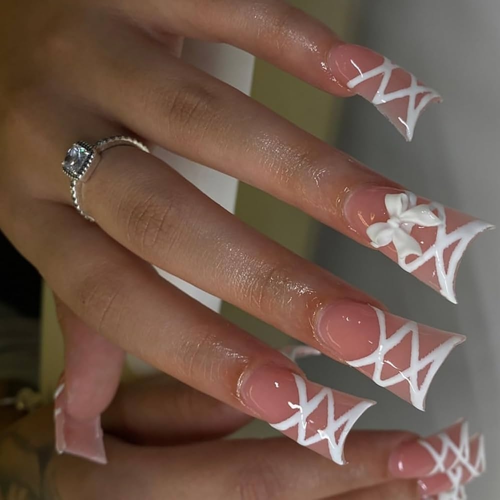 Amazon 24Pcs Duck Nails Press On White French Tip Duck Nails Light Pink Fake Nails With Bow Lace Designs Duck Nail Tips Full Cover Duck Feet Press On Nails Summer Medium