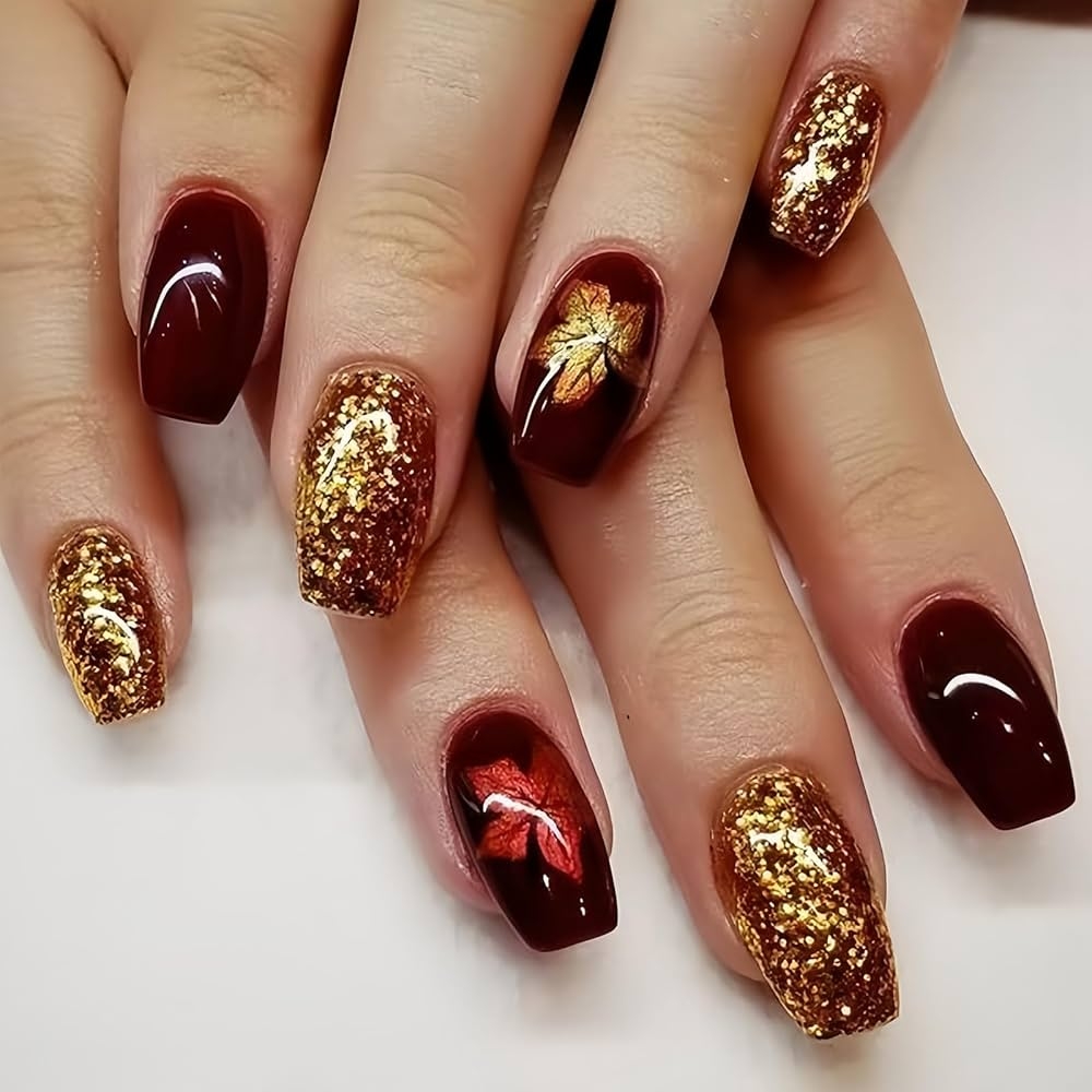 Amazon 24Pcs Fall Press On Nails Short Square Fake Nails Wine Red And Gold Maple Leaf Glossy Gold Sparkly Acrylic Nails Full Cover Stick On Nails Autumn Thanksgiving Nail Decoration For Nail