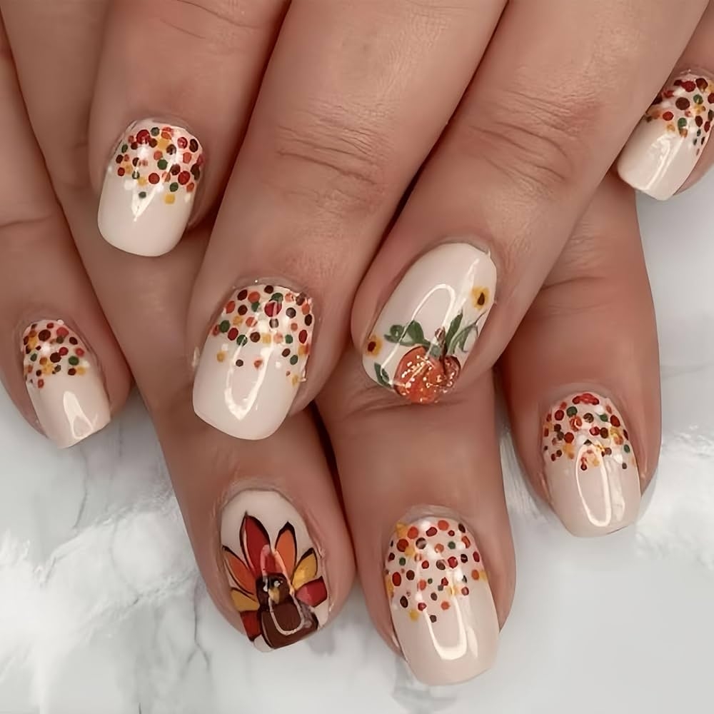 Amazon 24Pcs Fall Thanksgiving Day Turkey Press On Nails With Glitter Pumpkin Polka Dots Design Acrylic Nails Press On Reusable Glue On Nails Autumn Full Cover Stick On Nails Artificial False Nails