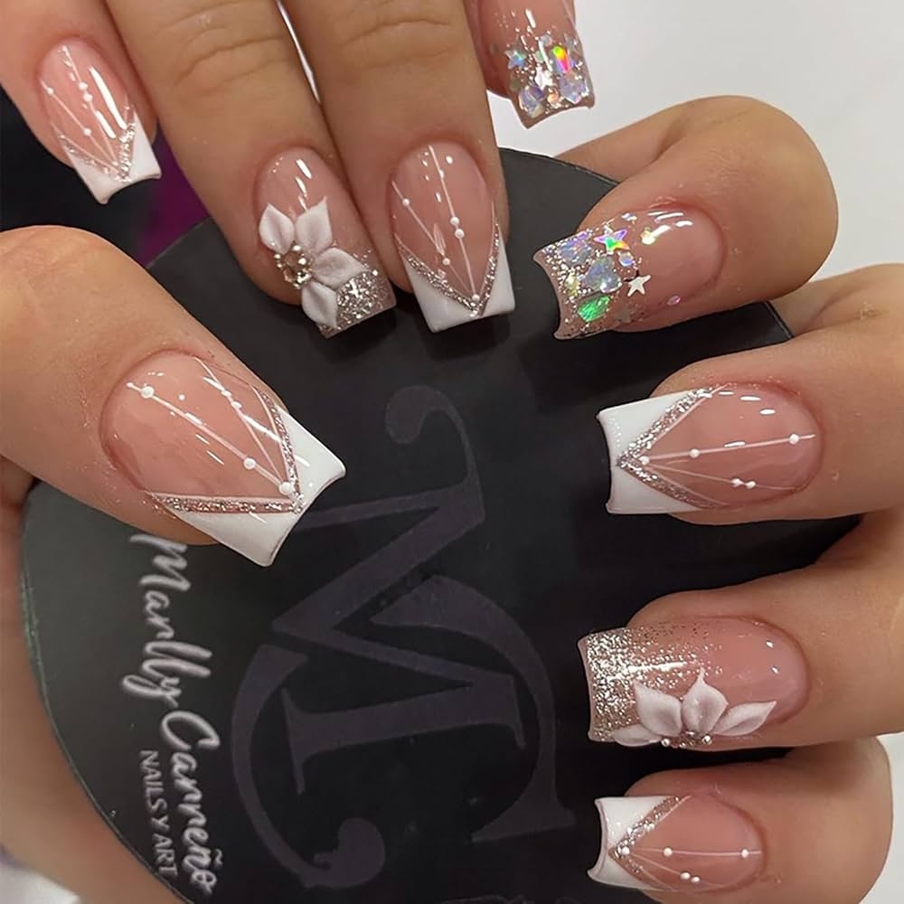 Amazon 24Pcs French Tip Press On Nails Short Fake Nails Square Press Ons Nude Pink Glue On Nails With Star Glitter Sequins Design White Flower Charms Acrylic Nails White Nail Tip False