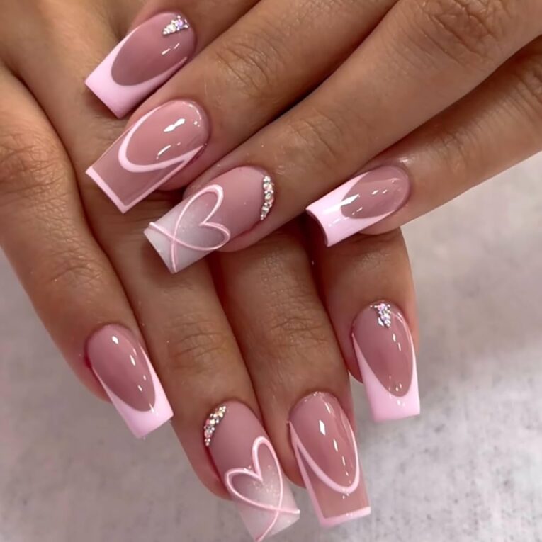 Amazon 24Pcs French Tip Press On Nails Short Square Fake Nails Pink Heart French Lines With Rhinestones Glitter Full Cover Tip Glue On Nails Designs Cute False Nails For Women Acrylic Manicure