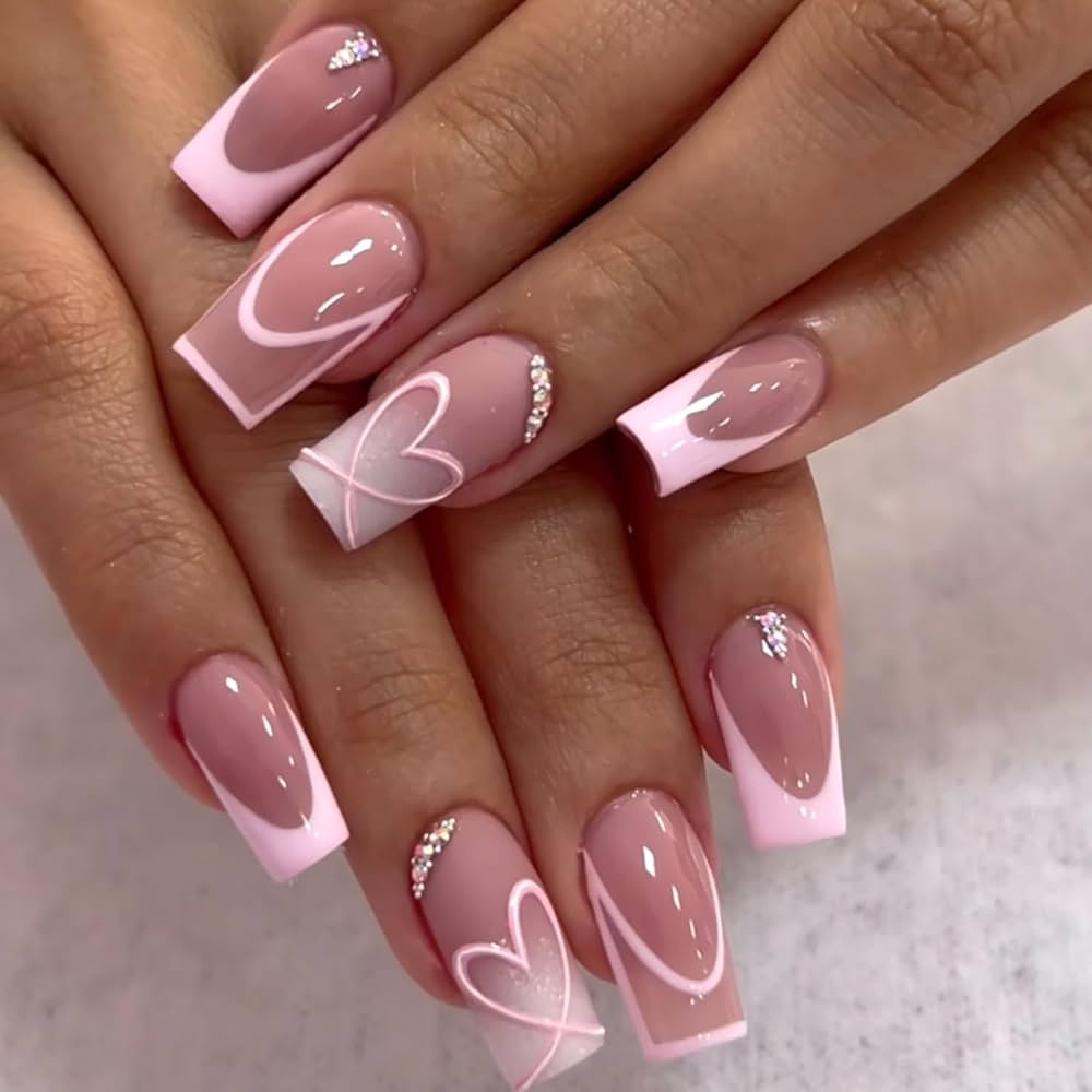 Amazon 24Pcs French Tip Press On Nails Short Square Fake Nails Pink Heart French Lines With Rhinestones Glitter Full Cover Tip Glue On Nails Designs Cute False Nails For Women Acrylic Manicure