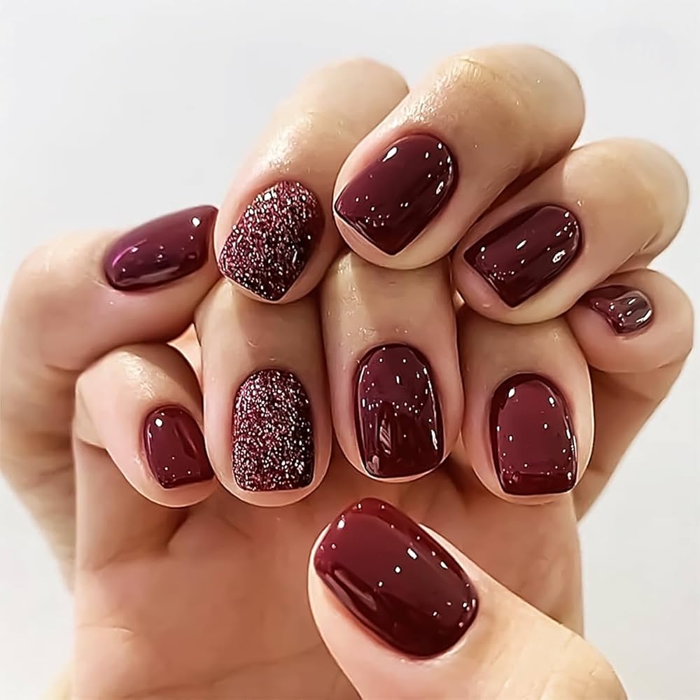 Amazon 24PCS Gothic Burgundy Press On Nails Short Square Fake Nails Glitter Designs Acrylic Full Cover False Nails Glossy French Tip Stick On Nails For Women Girls Christmas Valentines Nails Decorations 
