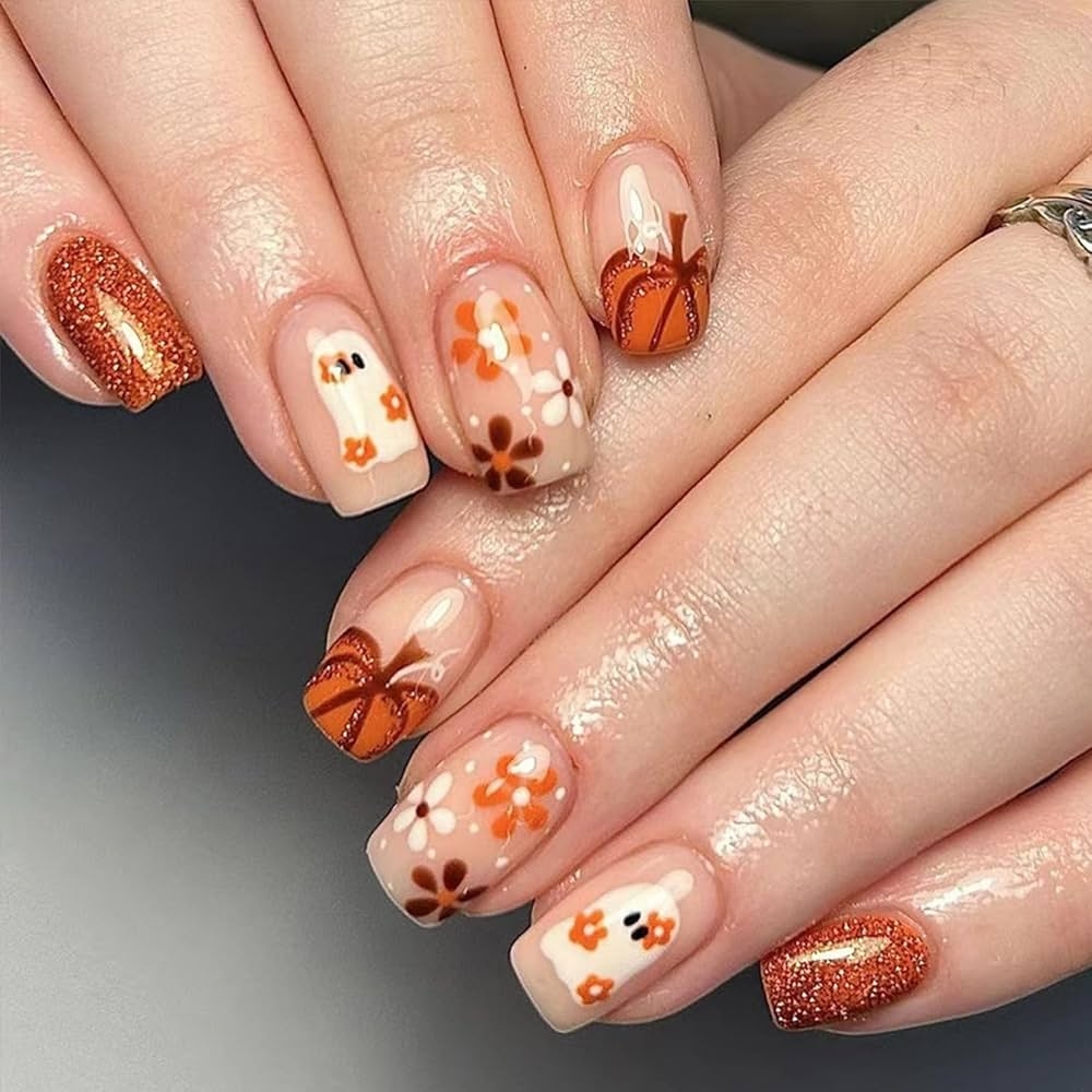 Amazon 24Pcs Halloween Press On Nails Short Square Fake Nails Full Cover Glue On Nails With Cute Ghost Flower Pumpkin Designs Halloween Acrylic Nails Glitter Fall False Nails For Women Halloween Manicure 