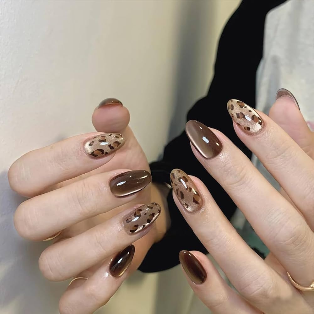 Amazon 24Pcs Leopard Print Press On Nails Almond Medium Fake Nails Brown False Nails With Designs Full Cover Acrylic Artificial Nails Leopard Print Glue On Nails For Women DIY Nail Art Manicure
