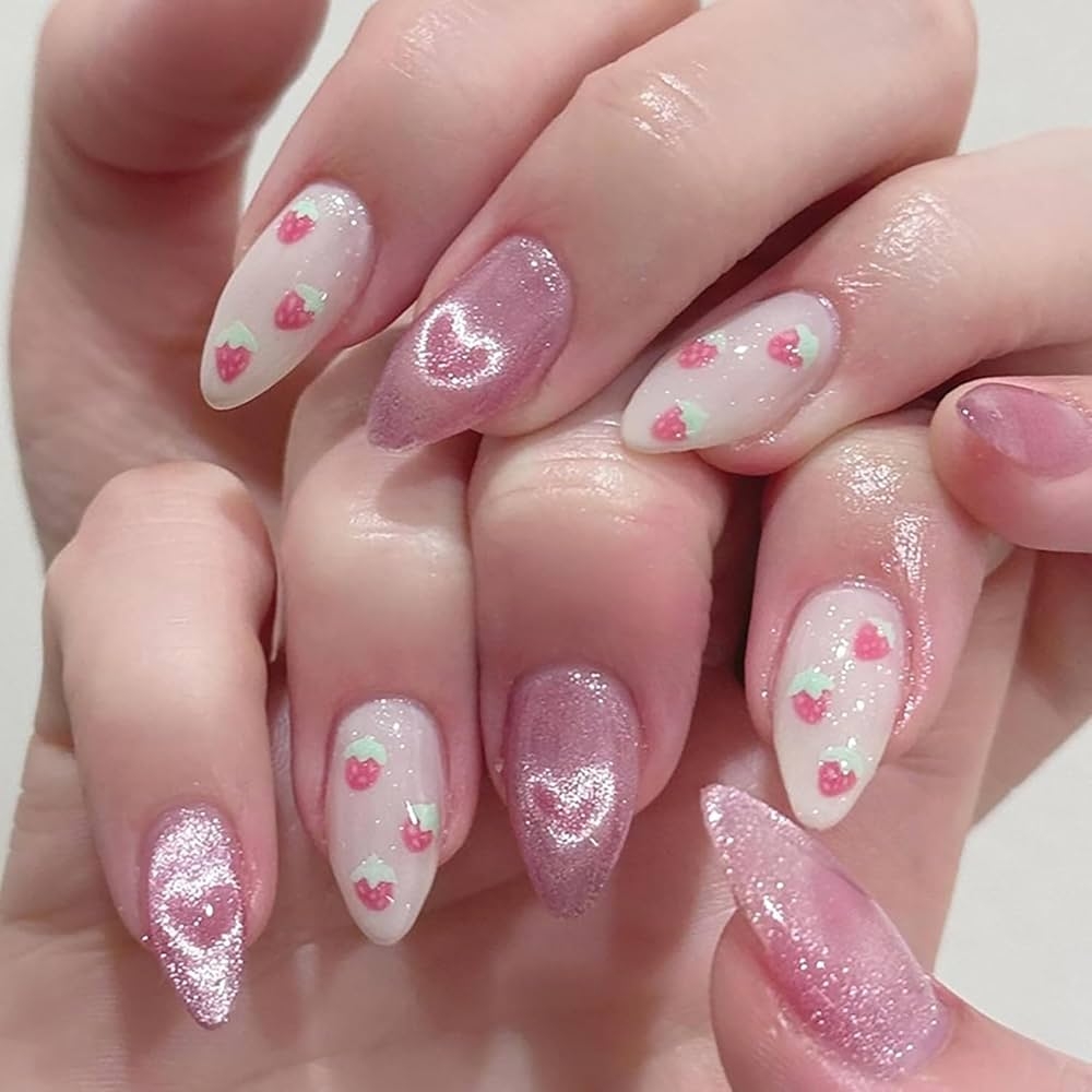 Amazon 24Pcs Medium Press On Nails Almond Fake Nails Pink Cat Eyes False Nails With Cute Strawberry Love Designs Fake Nails Glossy Acrylic Nail Full Cover False Nails For Women Cat