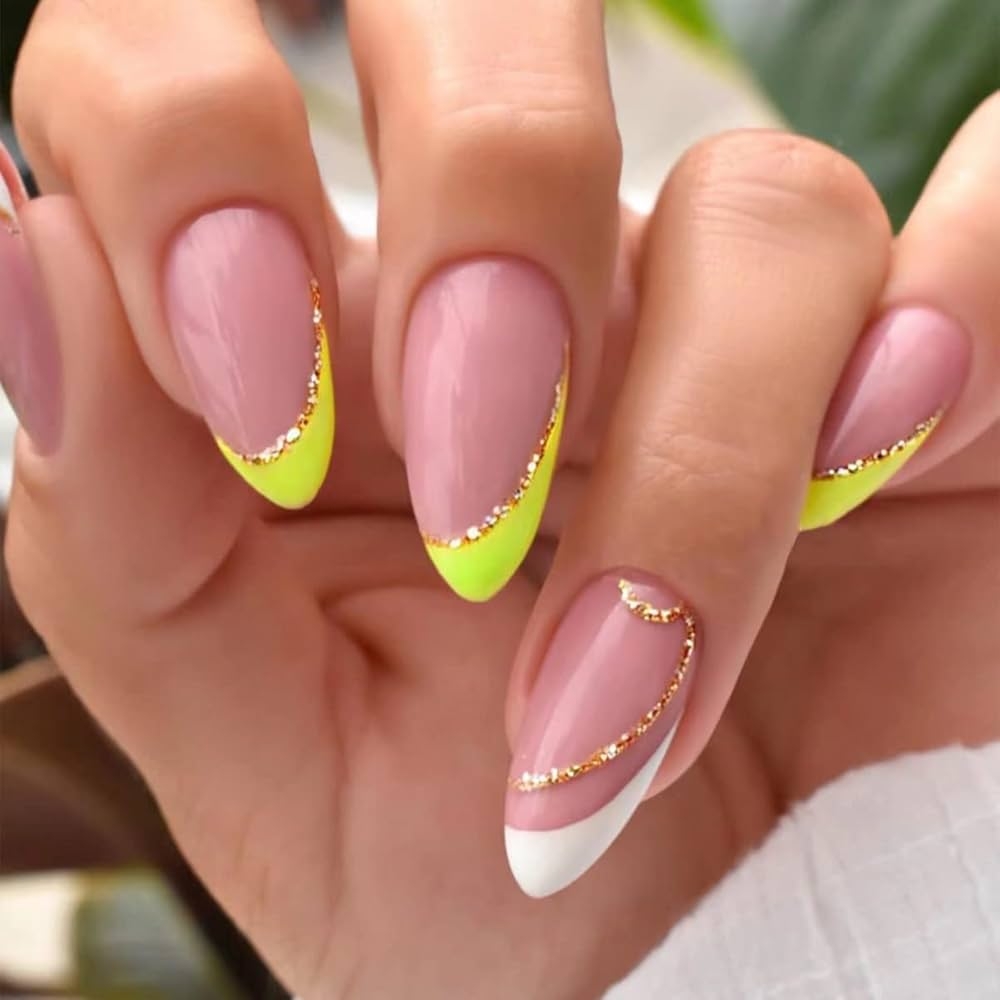 Amazon 24PCS Press On Nails Almond Colorful French Tip Fake Nails With Glitter Designs Dirty Pink Acrylic Nails French Full Cover Almond Shaped Glue On Nails Summer Stick On Nails For Women