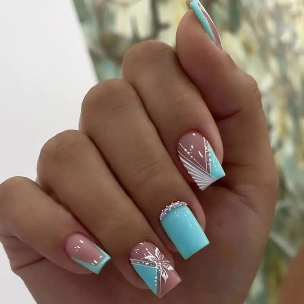 Amazon 24pcs Press On Nails Medium Coffin Light Blue Fake Nails Nude French With Rhinestones Design False Nails Square Full Cover Stick On Nail Summer Glue On Nails Set For Women Nail