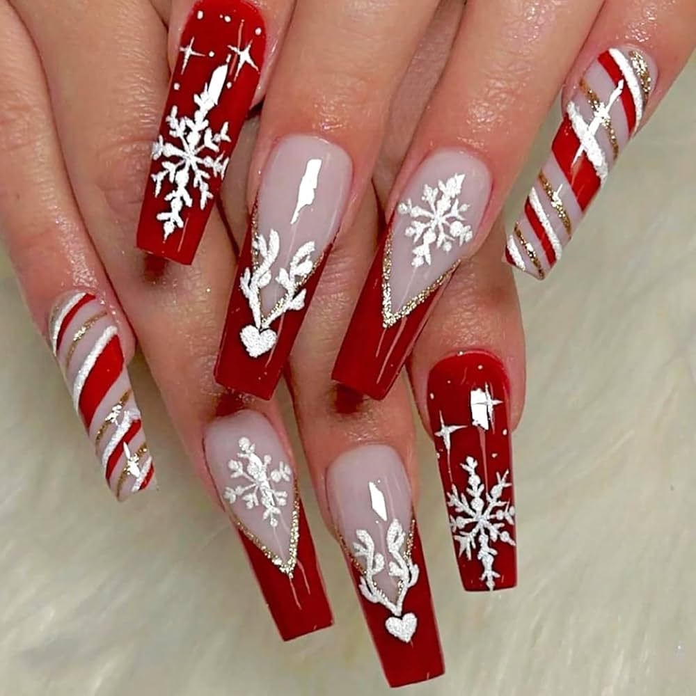 Amazon 24Pcs Red Christmas Press On Nails Long Coffin Fake Nails French Tip Press On Nails With Elk And Snowflake Design Gold Glitter Acrylic Nails Glossy Glue On Nails Stick On Nails