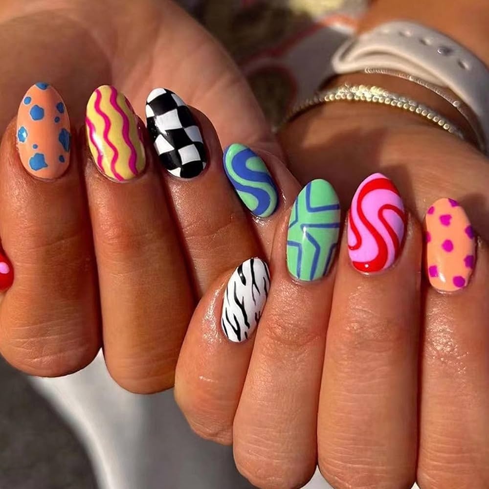Amazon 24pcs Short Press On Nails Oval Shape Fake Nails Multi Color Grid Stripes And Speckled Wearable False Nails Glossy Colorful Pattern Designs Acrylic Nails Summer Cute Glue On Nails Beauty 