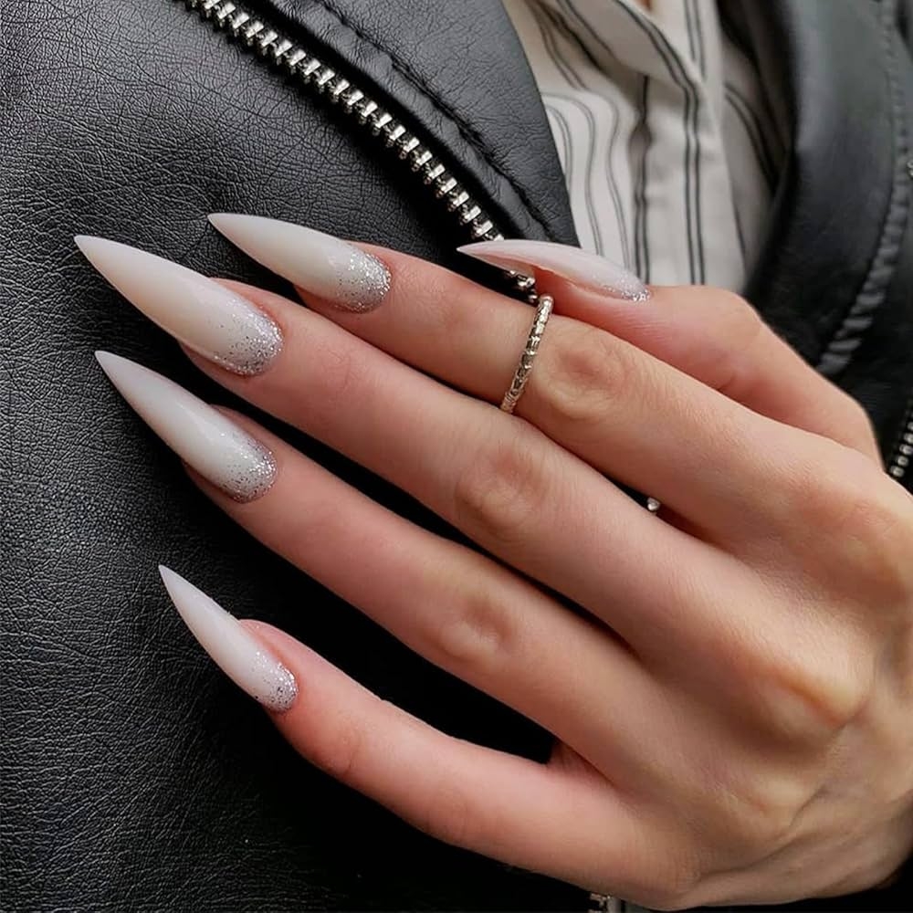 Amazon 24Pcs Sparkly Long Stiletto Press On Nails Glossy Milky Glitter False Nails Gel Glue On Nails With Shine Design Simple Manicure Art Acrylic Fake Nails Stick On Nails For Coquette Women 