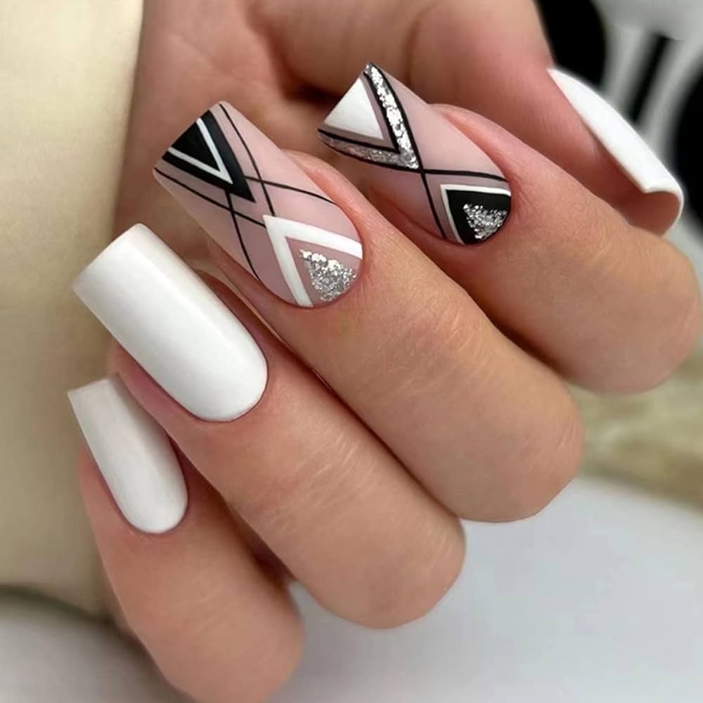 Amazon 24Pcs Square Press On Nails Medium Length French Fake Nails Matte Full Cover False Nails With Geometric Stripe Glitter Designs Acrylic Nails Glossy Artificial Nails Reusable Glue On Nails For Women 