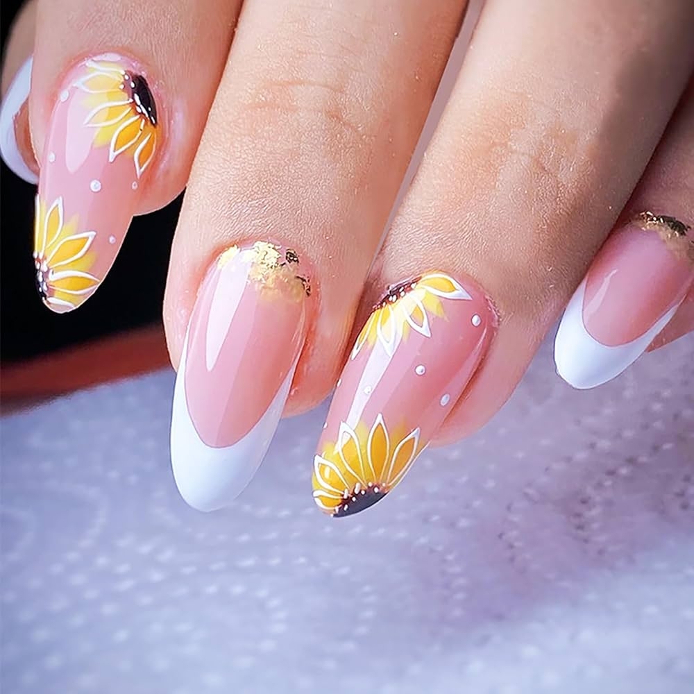 Amazon 24Pcs Summer Press On Nails Medium Almond False Nails White Nail Tip Acrylic Nails With Yellow Flower Design Stick On Nails For Women Girls Full Cover Glossy False Nails Summer Nail
