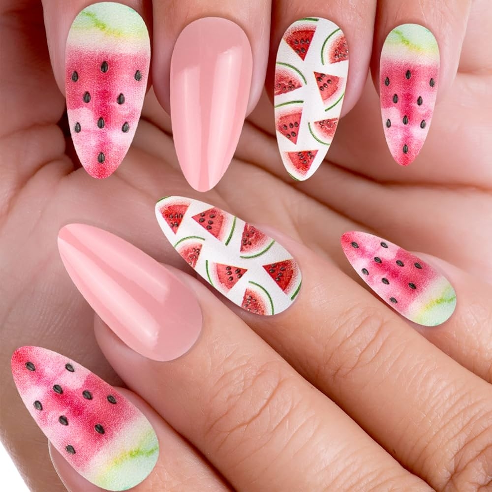 Amazon 24Pcs Watermelon Stiletto Nails Pre glued Fake Nail Summer Almond Shaped Full Cover Tips Art Nail Design Manicure Women Girls Beauty Personal Care