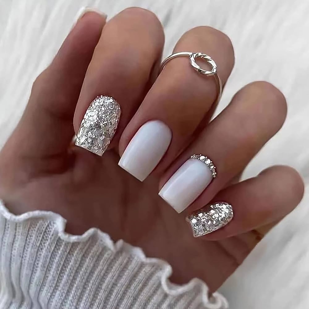 Amazon 24Pcs White Press On Nails Short Square Fake Nails Silver Sequin Design Rhinestone Acrylic False Nails Glossy Full Cover Nail For Women Beauty Personal Care