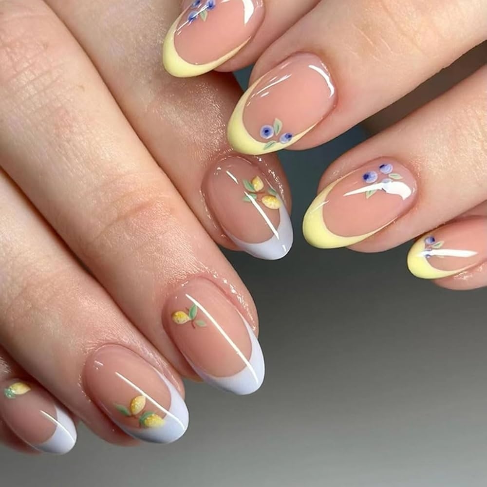 Amazon 30 Pcs Nude Press On Nails Short Almond MINGCHUN Winter Fake White Yellow French Nails Press Ons Nail Art Tips With Mango Blueberry Design Full Cover Glue On Nail Tip