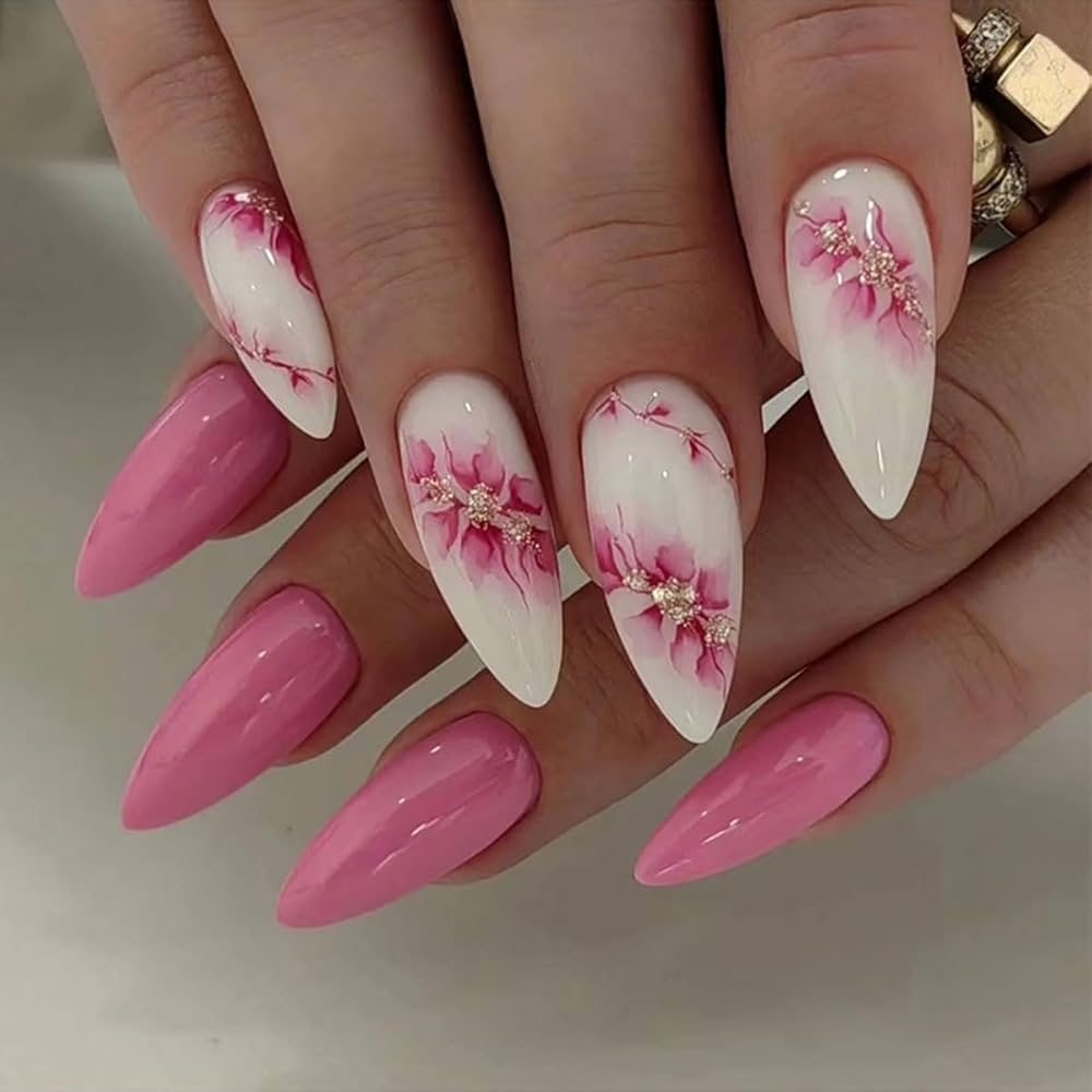 Amazon 30PCS Pink Press On Nails Pink Short Almond ZWENJIE Summer White Glitter Glossy Fake Nails Press Ons Nail Art Tip Full Cover Acrylic False Nails With Peach Blossom Design Glue