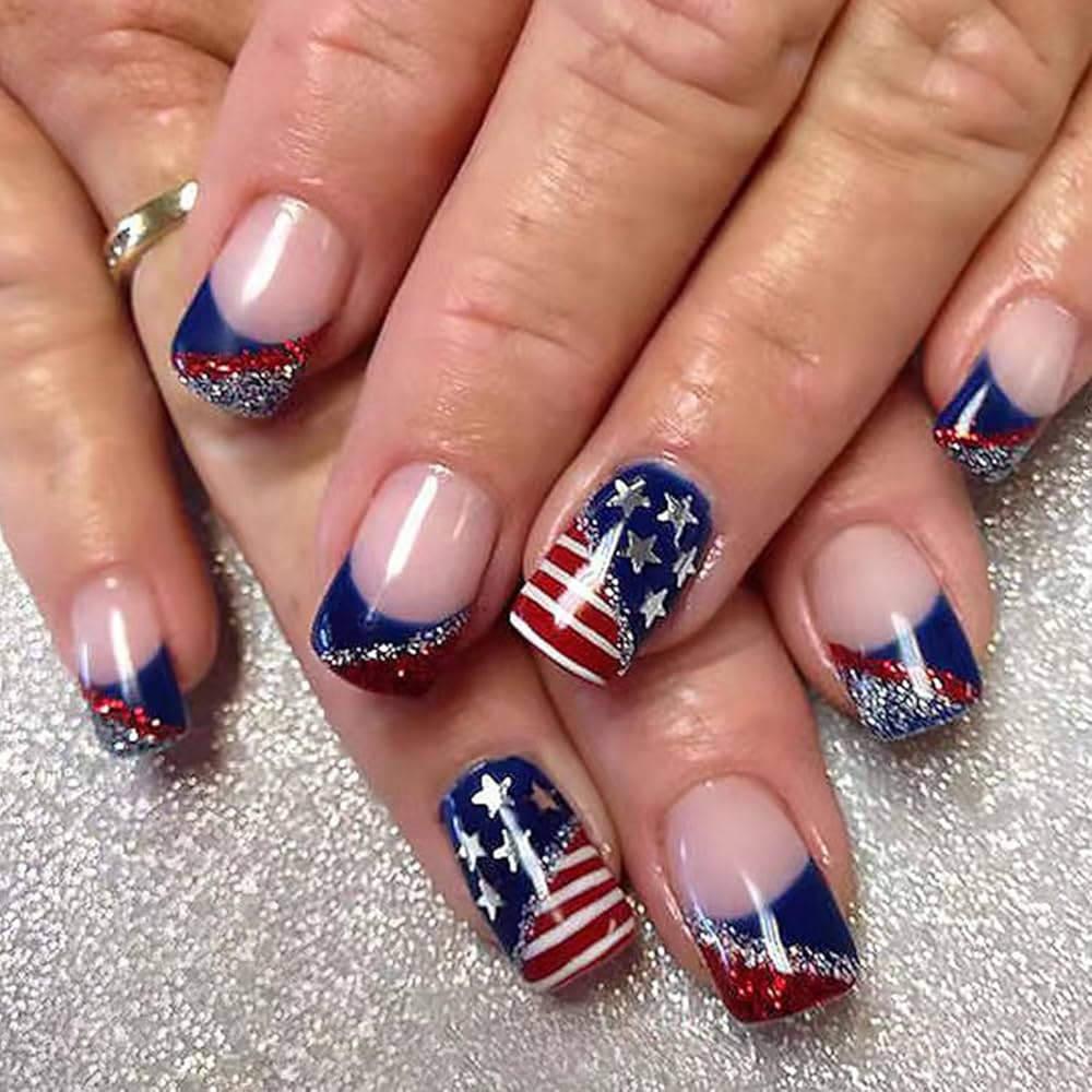 Amazon 4th Of July Press On Nails Medium Square Fake Nails American Flag Glue On Nails Red Blue White Full Cover Acrylic Nails Independence Glitter Star Stick On Nails For Women 24