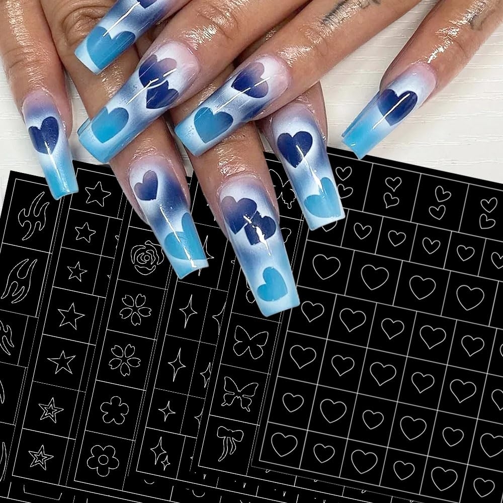 Amazon 6 Sheets Airbrush Stencils 3D Hollow Butterfly Flame Four Pointed Stars Heart Star Nail Decals Printing Template Stencil Tool For DIY Nail Art Supplies Beauty Personal Care