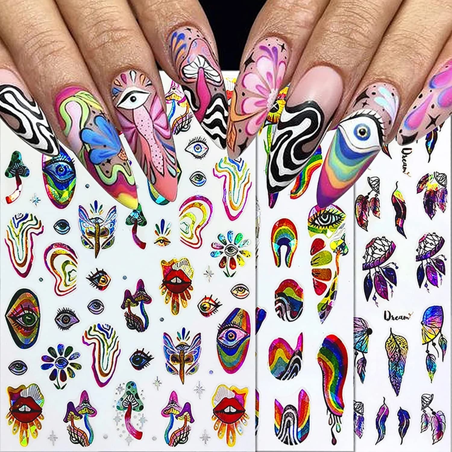 Amazon 6 Sheets Eyes Nail Art Stickers 3D Holographic Self Adhesive Mushroom Dreamcatcher Nail Stickers With Rainbow Lines Lip Design Nail Decals Unique Iridescent Aurora Laser Acrylic Nails Decoration Beauty Personal