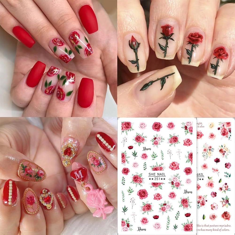 Amazon 8 Sheets Flowers Nail Art Stickers Colorful Rose Nail Decals Spring Valentines Rose Floral Nail Design Stickers 3D Self Adhesive Valentine s Day Nail Stickers Flower Nail Supplies For Women Manicure Beauty