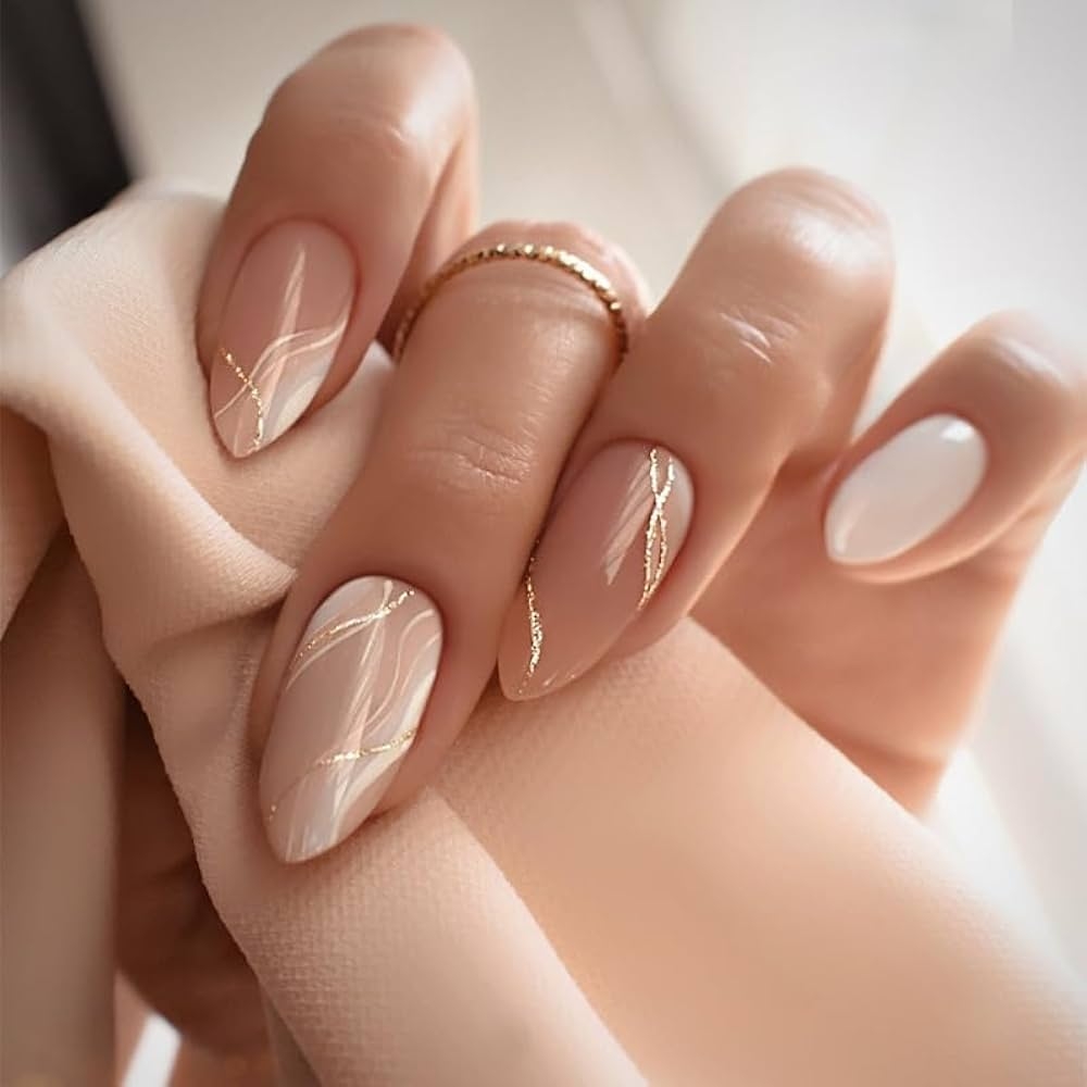 Amazon Almond Press On Nails Medium Fake Nails Glitter Gold Line Design Glue On Nails White False Nails Full Cover Nude Acrylic Nails Glossy Stick On Nails Fall Artificial Nails For Women