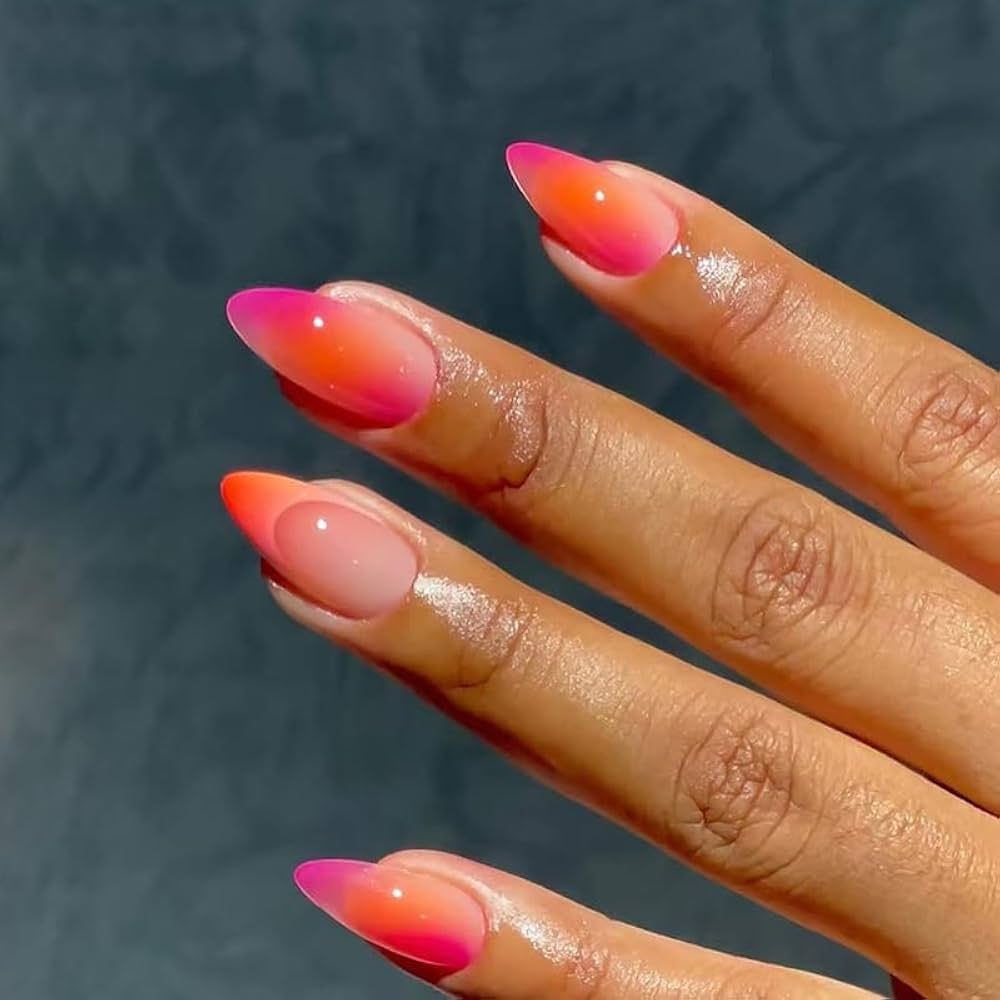 Amazon Almond Press On Nails Short Ombre Fake Nails Pink Orange Gradation Nails Press Ons French Acrylic False Nails With Artificial Glossy Designs Full Cover Glue On Nails For Women Girls 