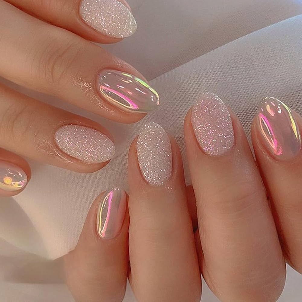Amazon Almond Press On Nails Short Round Fake Nails Chrome Glossy False Nails With Glitte Powder Press Ons Designs Acrylic Nails Press On Artificial Nails Stick On Nails For Women Girls 24Pcs