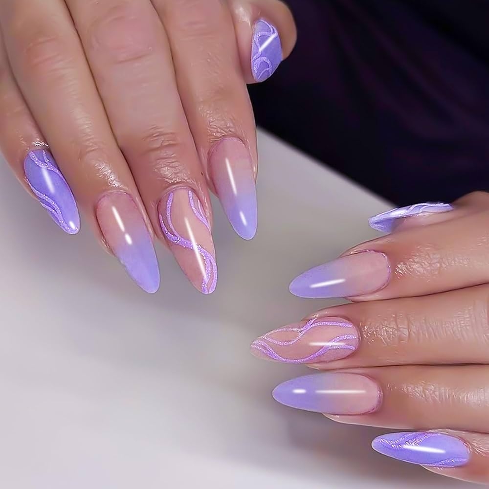 Amazon Almond Shaped Press On Nails Medium Long Length Acrylic Nails Full Cover False Nails With Designs Glitter Swirl Fake Nails Artificial Ombre Blue Purple Glossy Stick Wn Nails For Women 24