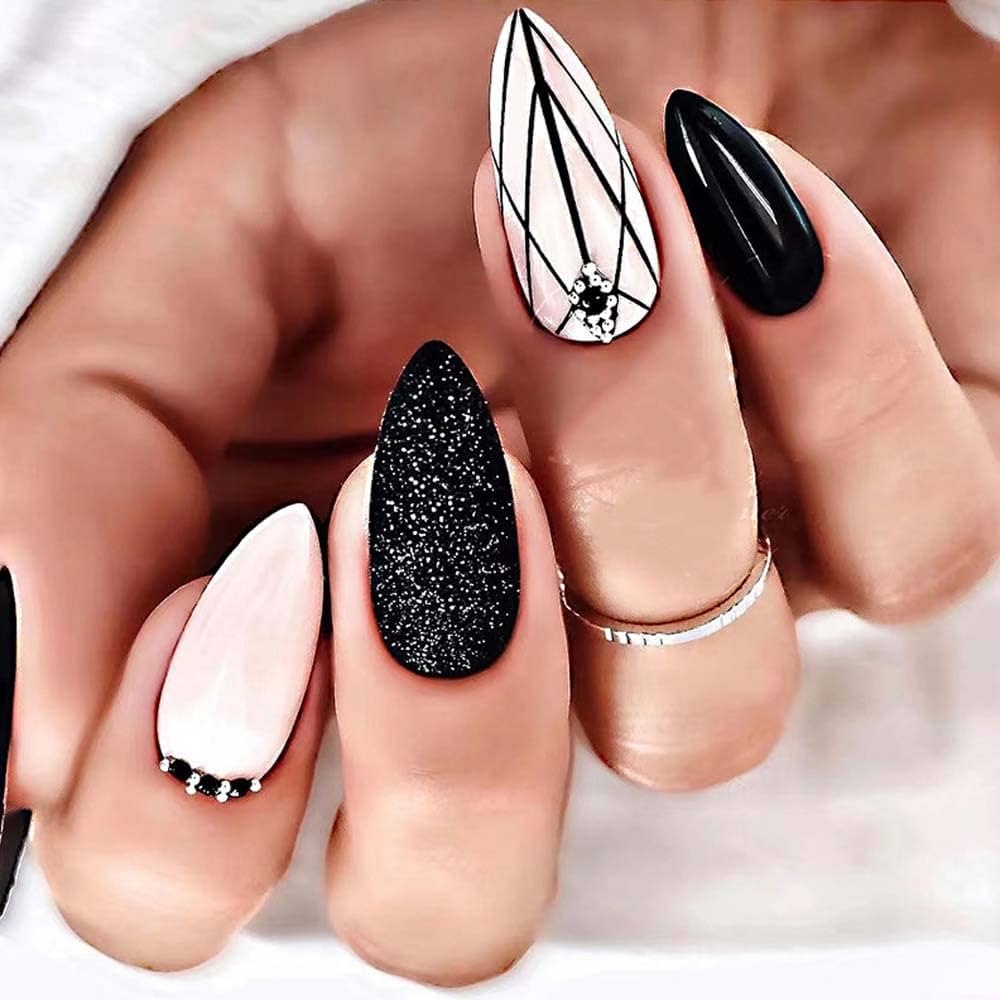 Amazon ANDGING Black Press On Nails Short Medium Almond Fake Nails Fake Nails For Women With Matte White Glitter Rhinestone Design Cute Acrylic False Nails Stick On Nail For Wedding Birthday 24PC