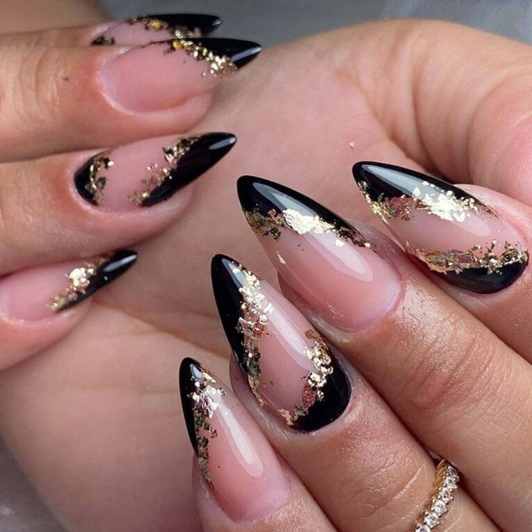 Amazon ANDGING Black Press On Nails Short Medium Almond French Tip Fake Nails With Bling Gold Design On Nails For Women Girls 24Pcs Wedding Manicure Set Beauty