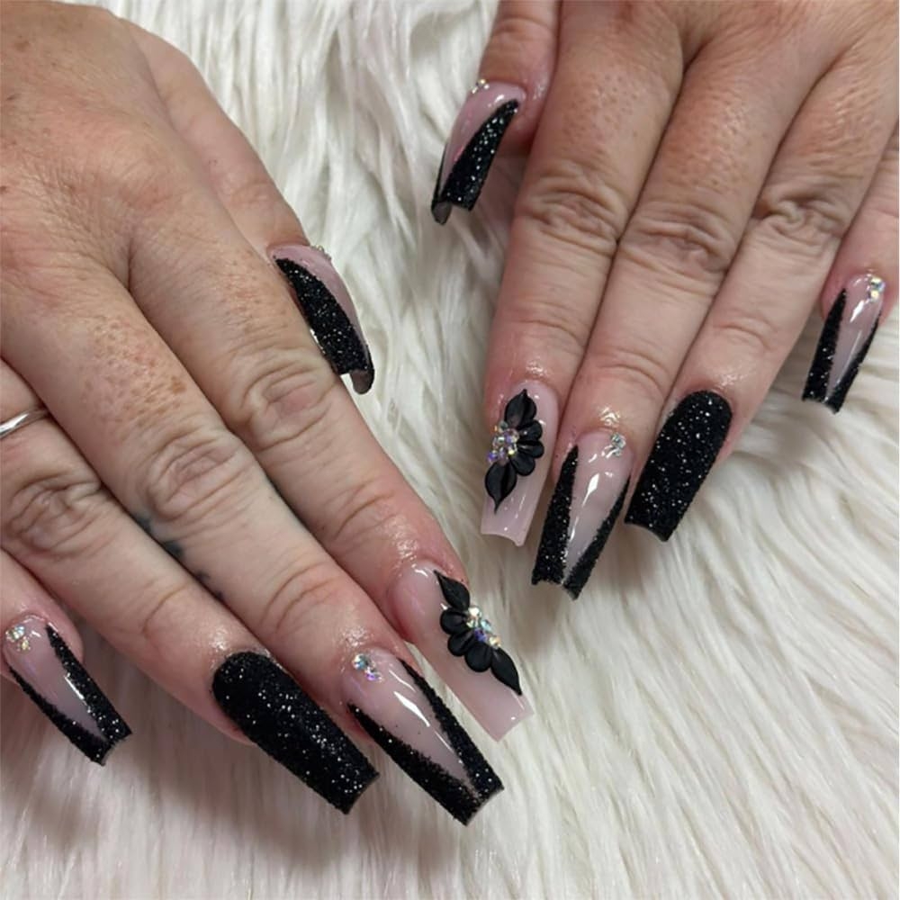Amazon ANDGING Coffin Press On Nails Black Long Square Fake Nails With Glue Acrylic Flower Rhinestone Fake Nails With Designs Fantasy Gel Manicure False Nail For Women Classy Stick Ons Nails For