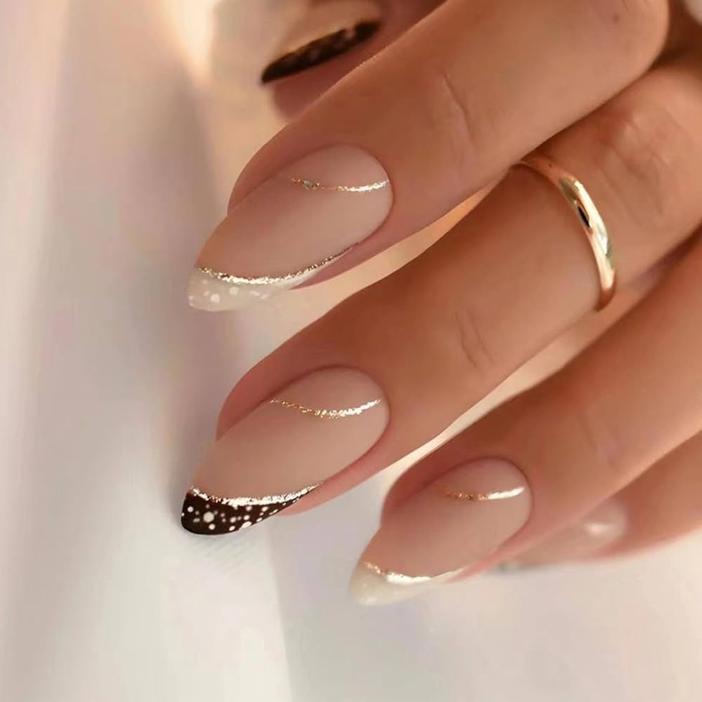 Amazon ANDGING French Tip Press On Nails Almond Short Black White Fake On Fake Nail With Fake Acrylic Curved Line Designs Gel Classy Manicure For Women False Stick Ons Nail For Wedding 