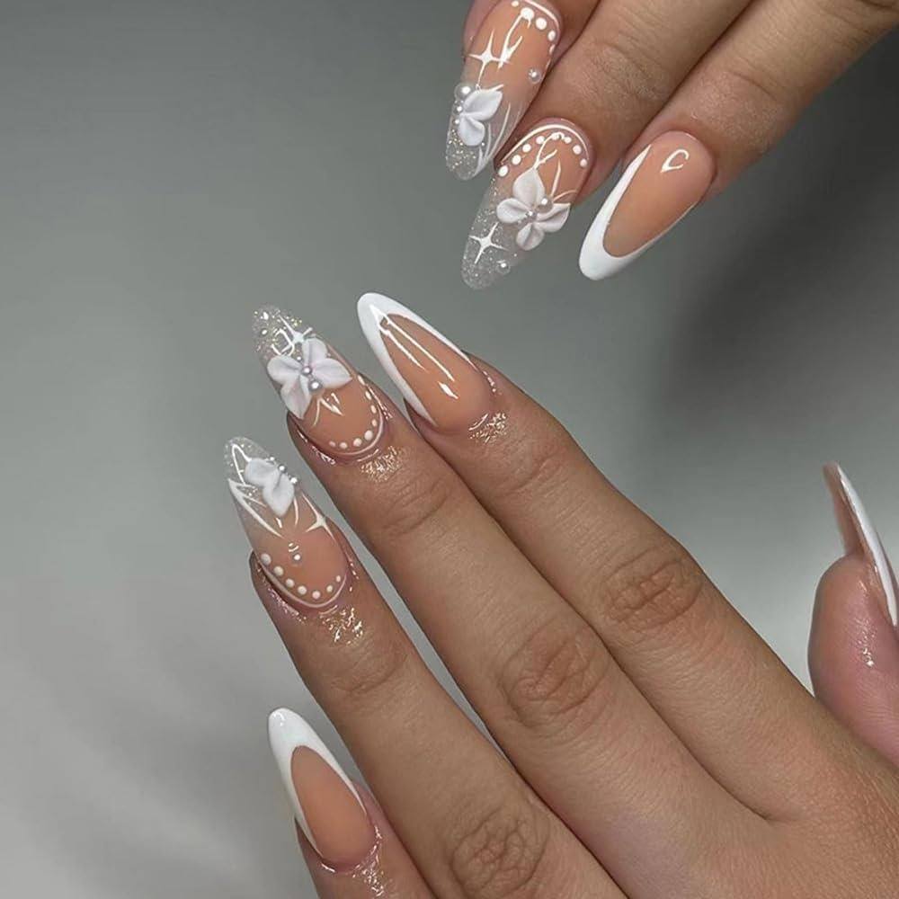 Amazon ANDGING French Tip Press On Nails Almond Short Medium White Fake On Nails With Glitter Butterfly Pearl Design Fake Nails For Wedding Birthday Manicure Acrylic False Nails Gel Stick On Nail