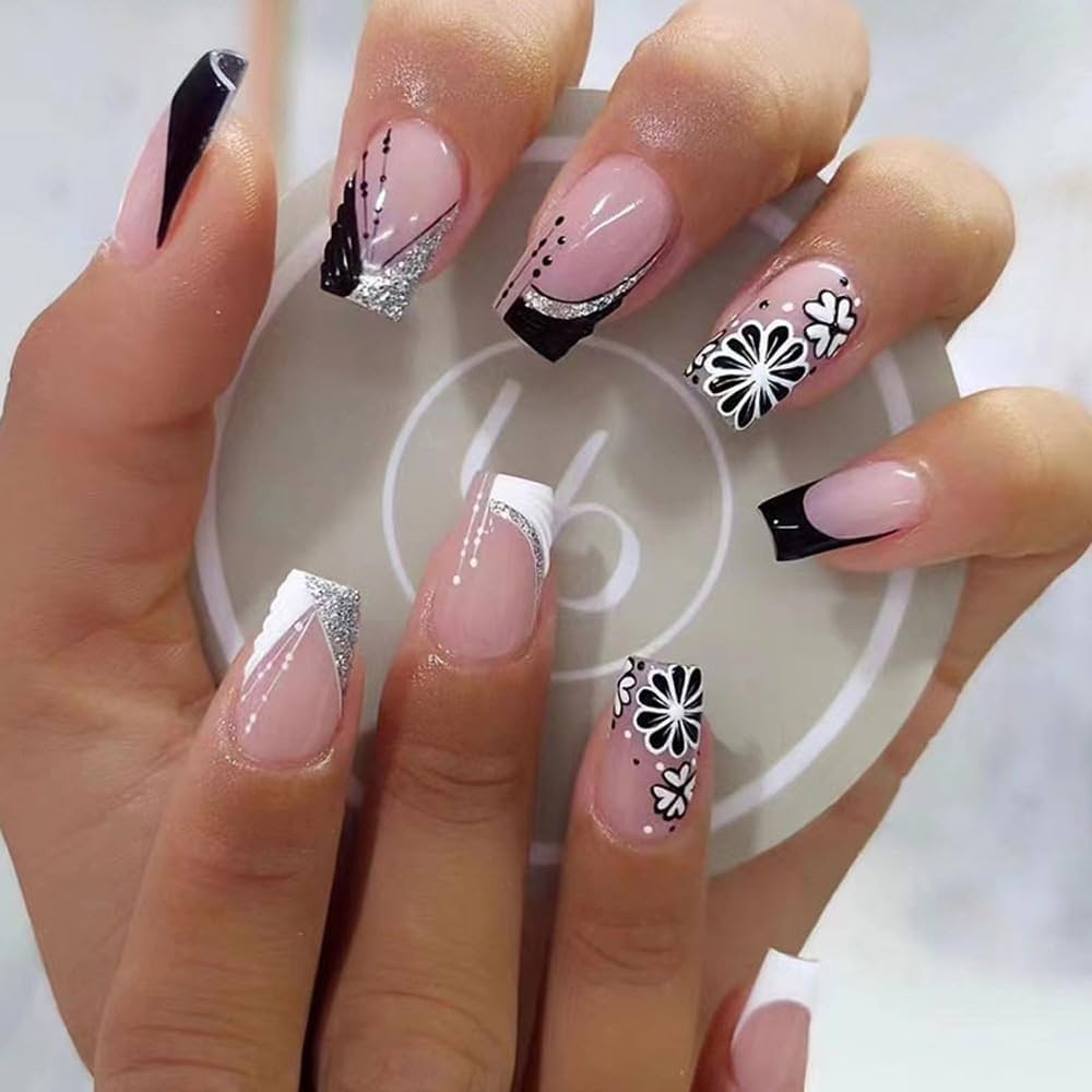 Amazon ANDGING French Tip Press On Nails Coffin Short Medium Black White Fake Nails With Glitter Silver Flower Design Square Fake Nails For Women Acrylic False Nails With Glue Stick On Nail