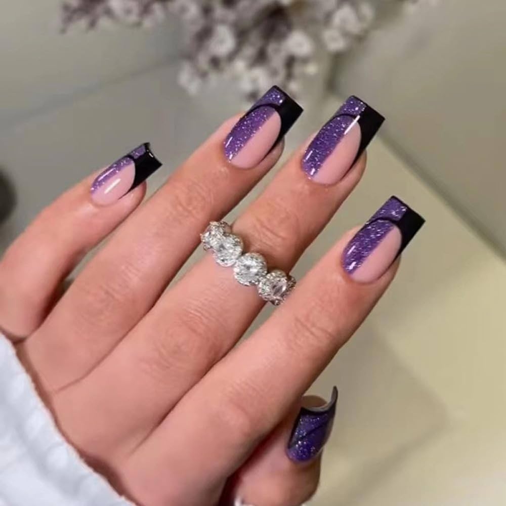 Amazon ANDGING French Tip Press On Nails Purple Black Square Short Medium Fake On Nails With Geometric Design Acrylic Fake Nails For Wedding Birthday Manicure False Nails Women Stick On Nail With