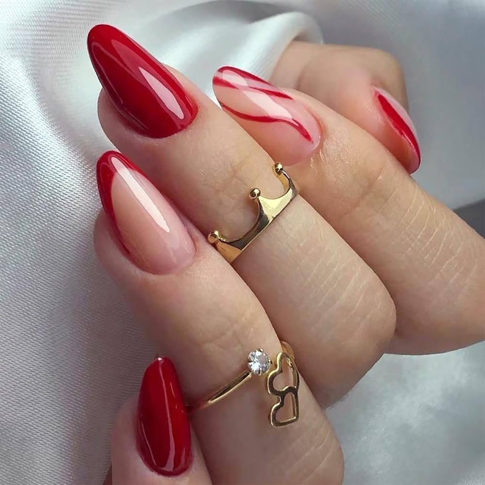 Amazon ANDGING French Tip Press On Nails Red Short Almond Fake Nails With Glue Acrylic Curved Fake Nails With Designs Gel Classy Manicure False Nail For Women Girls Stick Ons Nails For
