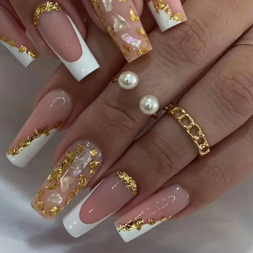 Amazon ANDGING French Tip Press On Nails White Short Medium Coffin Fake On Nails With Glitter Gold Leaf Design Gel Fake Nails For Wedding Birthday Acrylic False Nails Manicure Stick On Nail