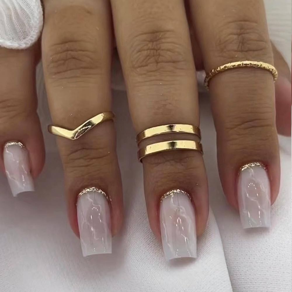 Amazon ANDGING Milky White Press On Nails Short Medium Coffin Fake Nails Acrylic Fake On Nails With Bling Gold Striped Design Gel False Nails For Wedding Birthday 24Pc Manicure Stick On Nail