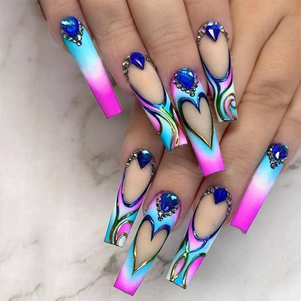 Amazon ANDGING Ombre Purple Press On Nails Long Coffin French Tip Fake Nails With Blue Rhinestone Curved Swirl Heart Design Fake Nails For Women Acrylic False Nails With Glue Stick On Nail