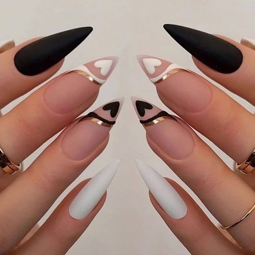 Amazon ANDGING Press On Nails Short Medium Stiletto Fake Nails Fake Nails For Women With Protein White Black Pink Heart Curved Swirl Design Full Cover False Nails Stick On Nail For Christmas