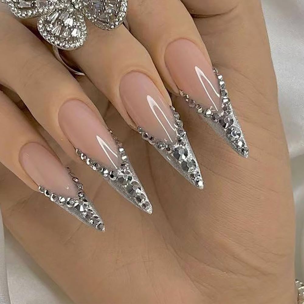 Amazon ANDGING Silver Press On Nails Stiletto Medium Long Fake Nails With Glitter Rhinestone Design Fake Nails False Nails With Glue Full Cover Nail Press Ons Reusable Stick On Nail For Wedding