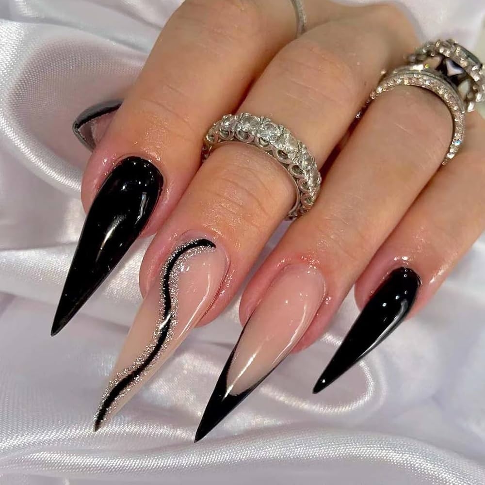 Amazon ANDGING Stiletto Press On Nails Long Black Fake On Nails With Bling Curved Line Designs Classy French Tip Fake Nails For Women Wedding Acrylic Full Cover Manicure False Stick On Nails
