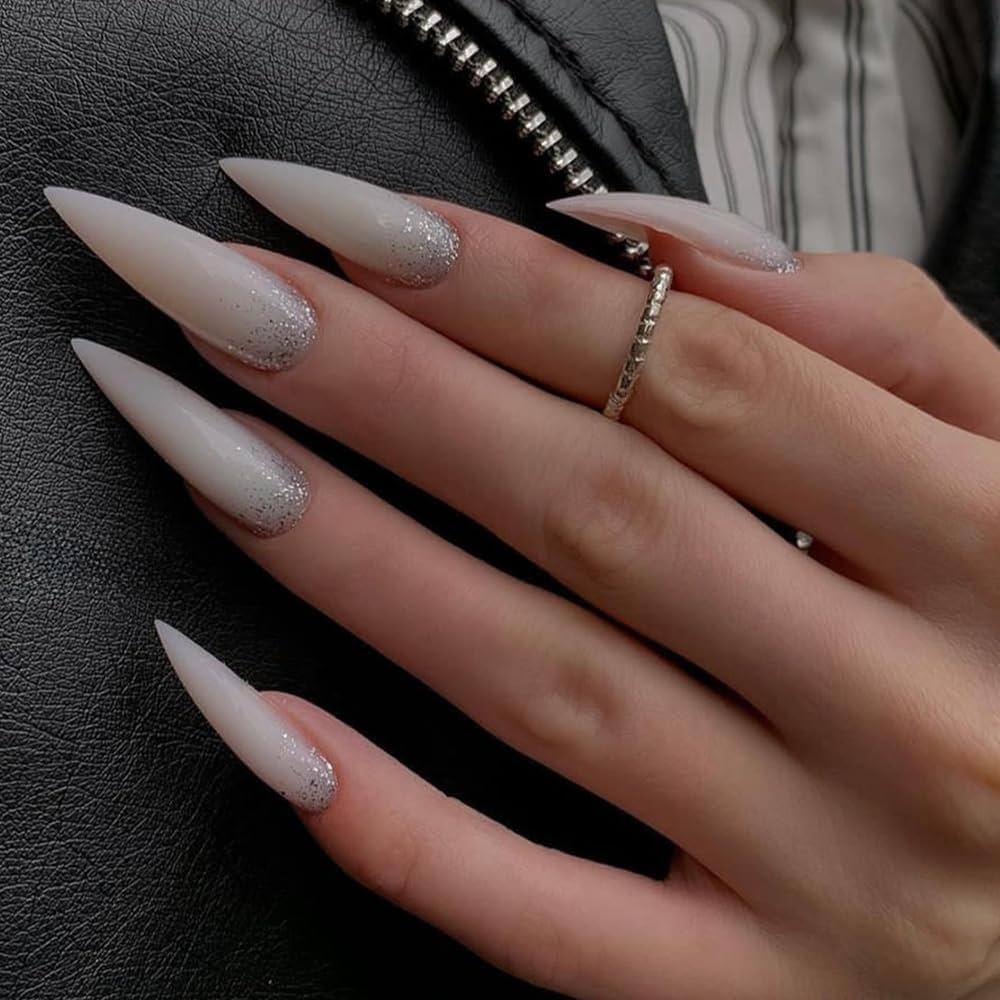 Amazon ANDGING Stiletto Press On Nails Long Milky White Fake Nails With Glue Fantasy Acrylic Bling Fake Nails With Designs Gel Manicure False Nail For Women Classy Stick Ons Nails For Girls