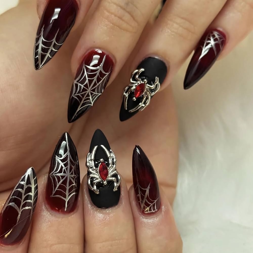 Amazon BABALAL Black Red Nails Press On Goth Fake Nails Medium Almond Glue Ons With Metallic Spider Charm Design Halloween 24Pcs Stiletto Glossy Handmade Manicure Acrylic False Nails Beauty Personal