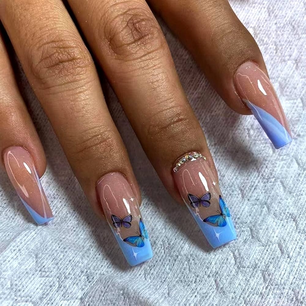 Amazon Ballerina French Tip Press On Nails Medium Length Fake Nail With Blue Butterfly Rhinestones Designs Blue French Tip False Nails Full Cover Glue On Nails Acrylic Artificial Stick On Nails 24