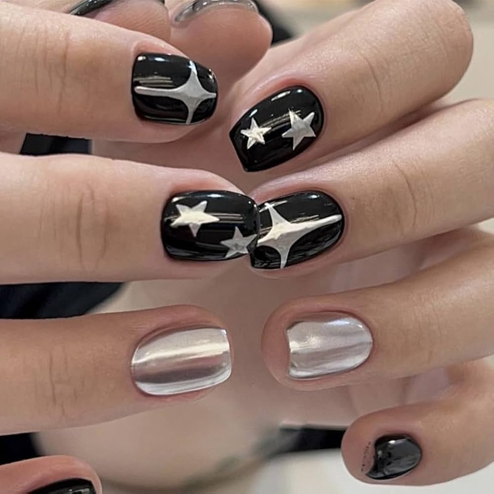 Amazon BAOYAALIN Black Silver Press On Nails Short Square Y2K Fake Nails With Silver Star Design Glue On Nails For Women Girls Acrylic False Nails Stick On Nails Press On Nail For